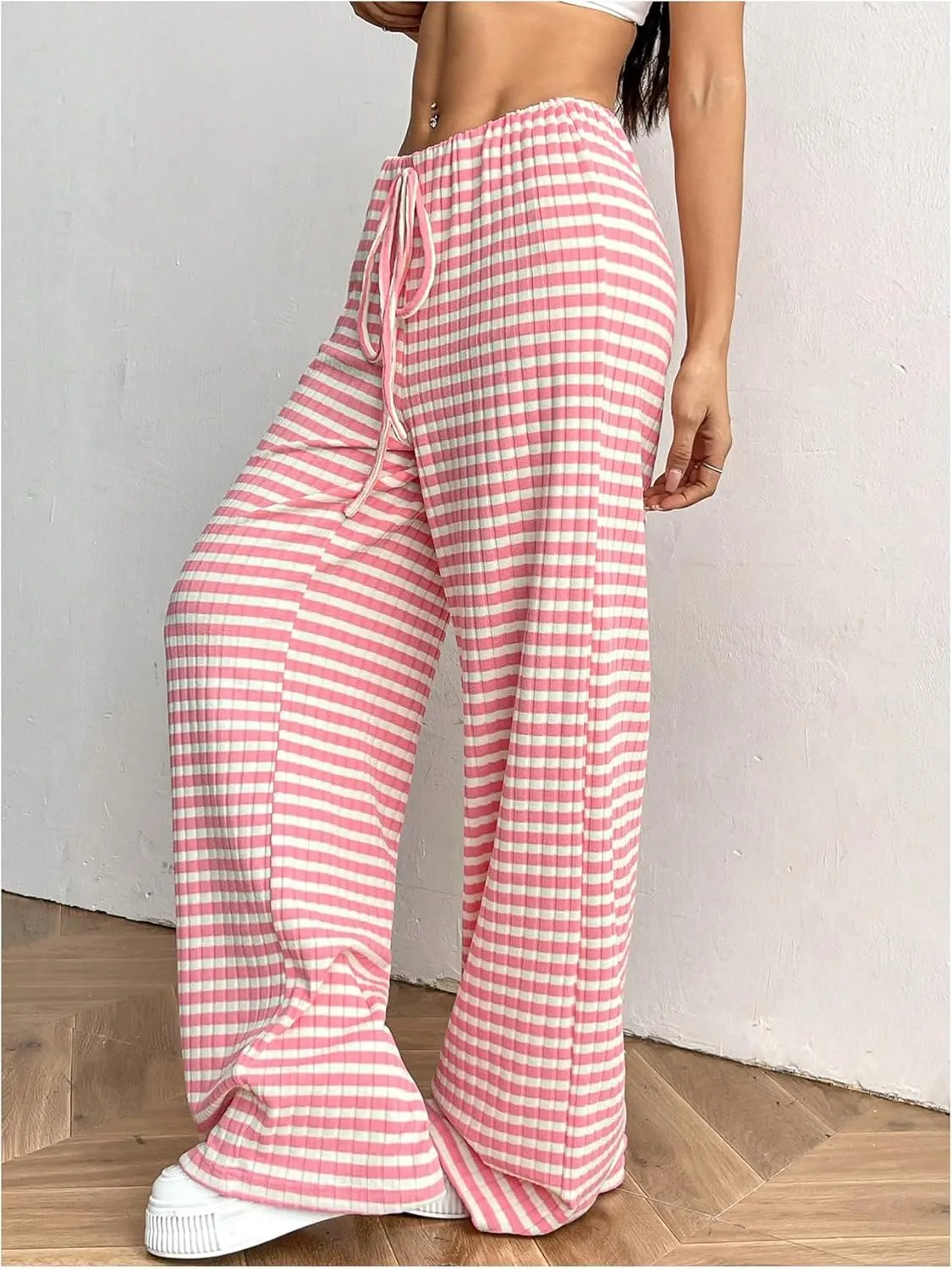 Women's Striped Pants Elastic Waist Knit Pants Wide Leg Pants Baggy Loose Drawstring Palazzo Trousers Lounge Pant