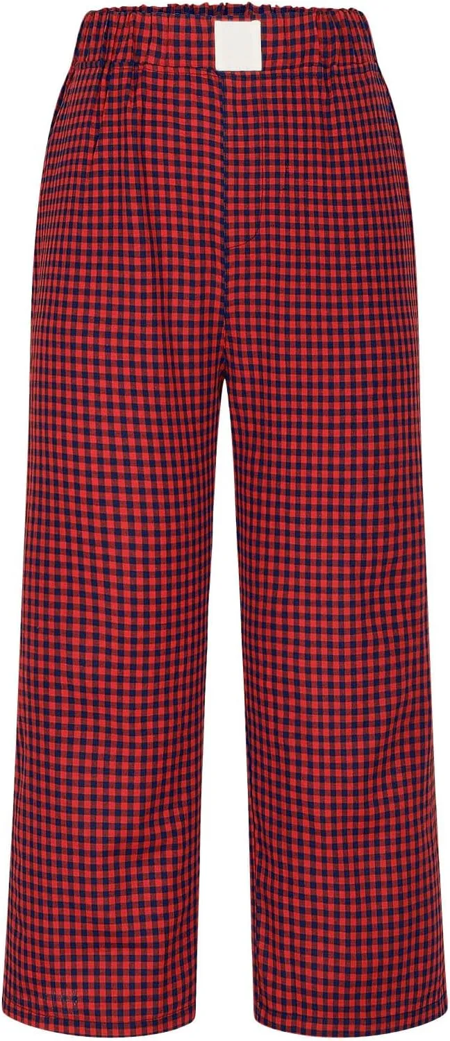 Women's Summer Elastic High Waisted Plaid Straight Leg Cropped Pants Casual Loose Gingham Trousers with Pockets