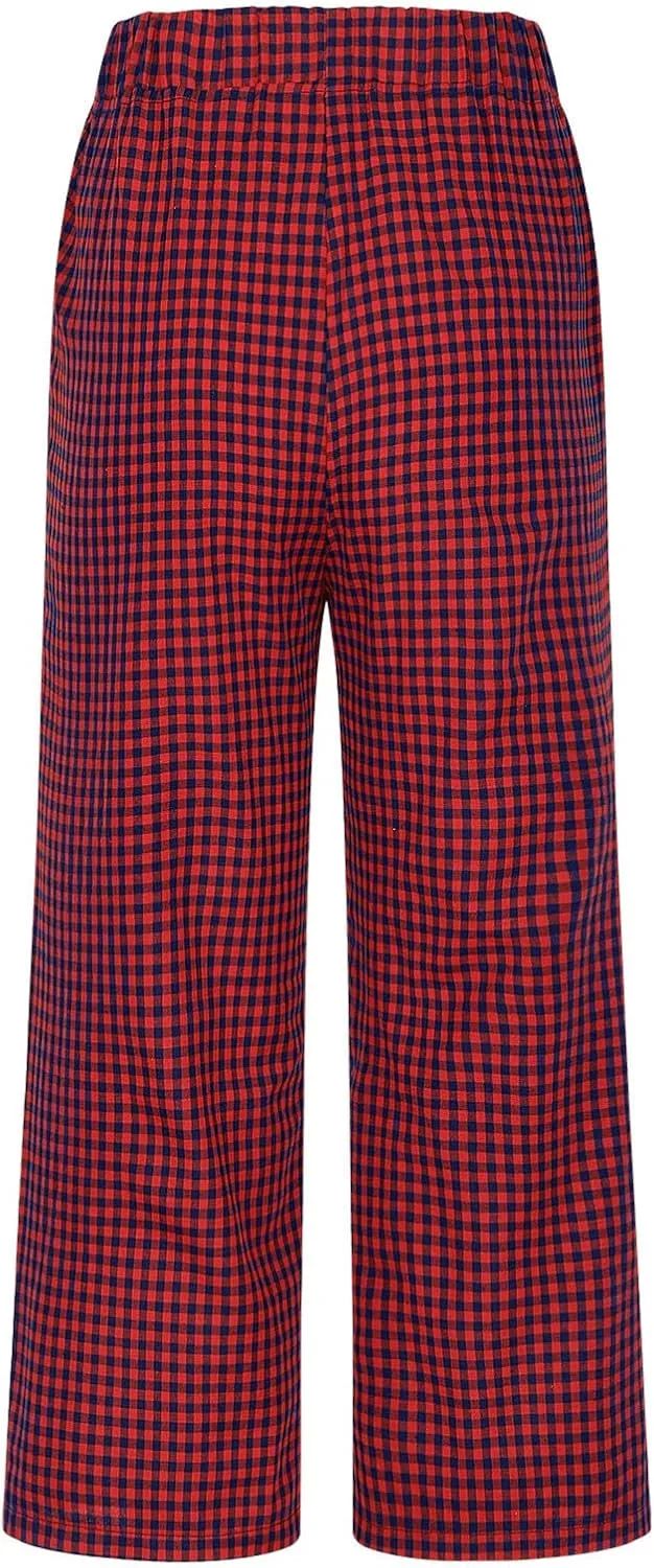 Women's Summer Elastic High Waisted Plaid Straight Leg Cropped Pants Casual Loose Gingham Trousers with Pockets