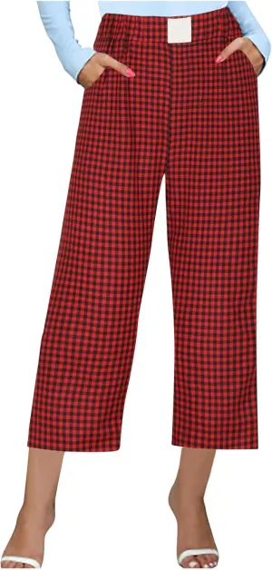 Women's Summer Elastic High Waisted Plaid Straight Leg Cropped Pants Casual Loose Gingham Trousers with Pockets