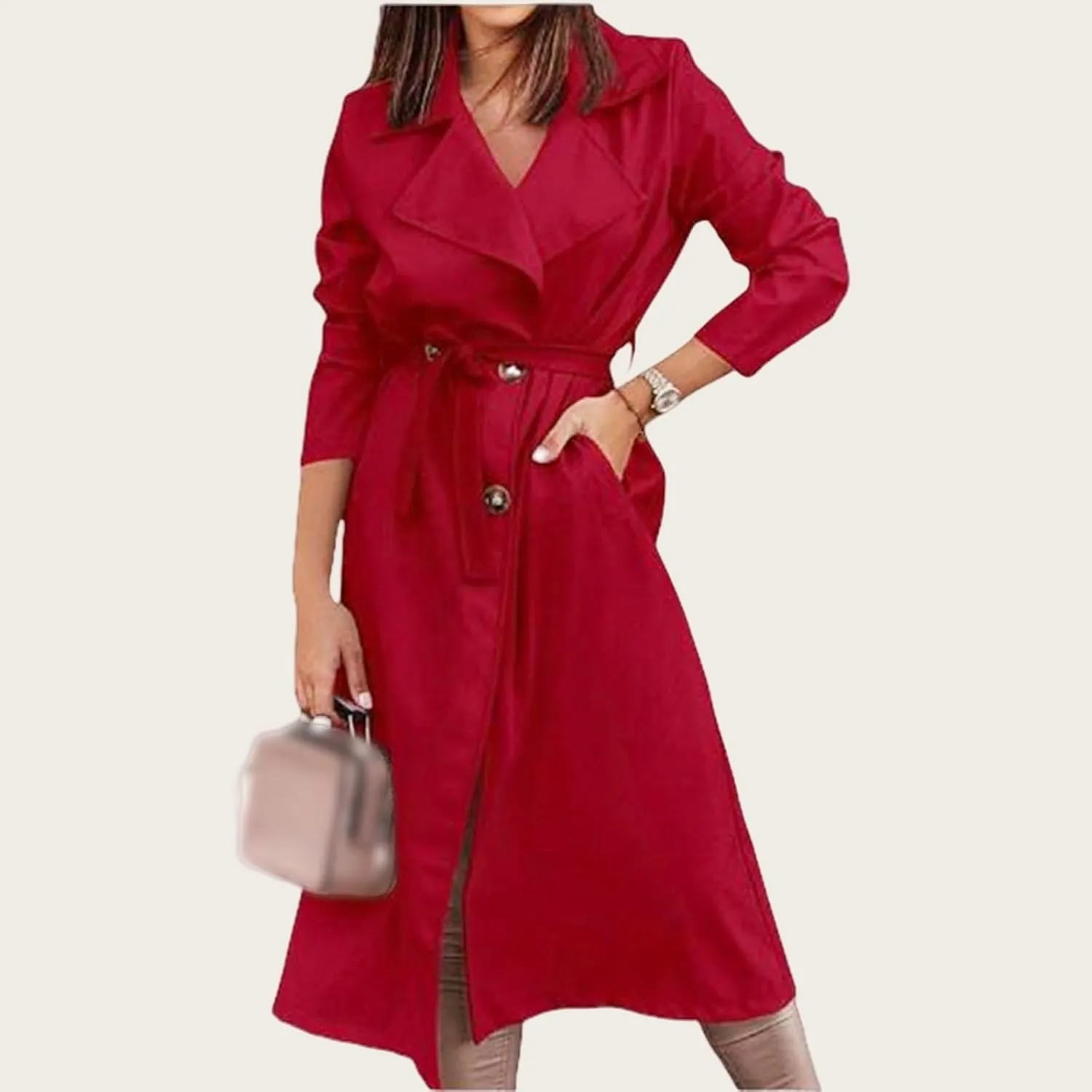 Women's Trench Coat Long Double Breasted Spring Fall Fashion 2024 Classic Lapel Overcoat Outwear with Belt and Pockets