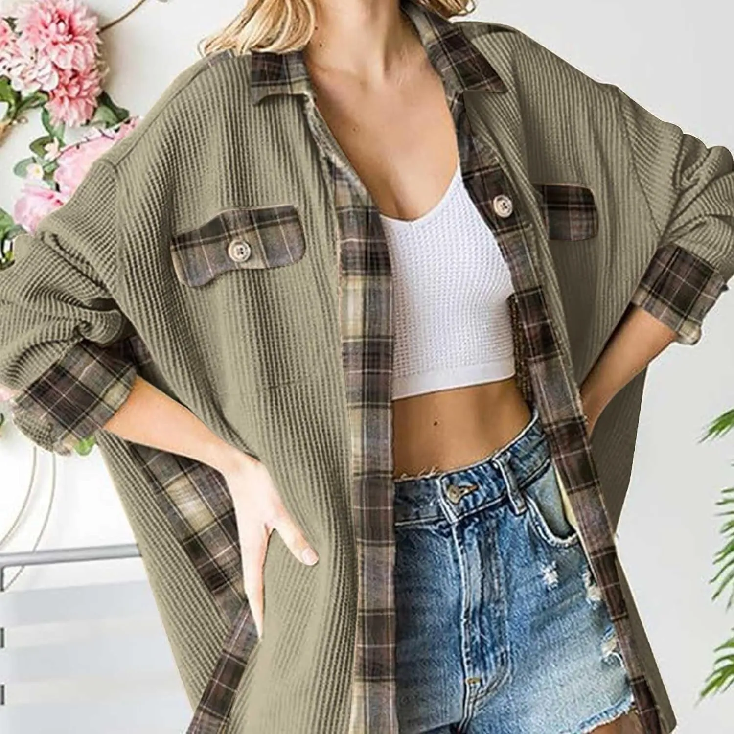 Womens Waffle Knit Shacket Boyfriend Button Down Shirt Jacket Loose Long Sleeve Tops Fall Fashion y2k Clothes
