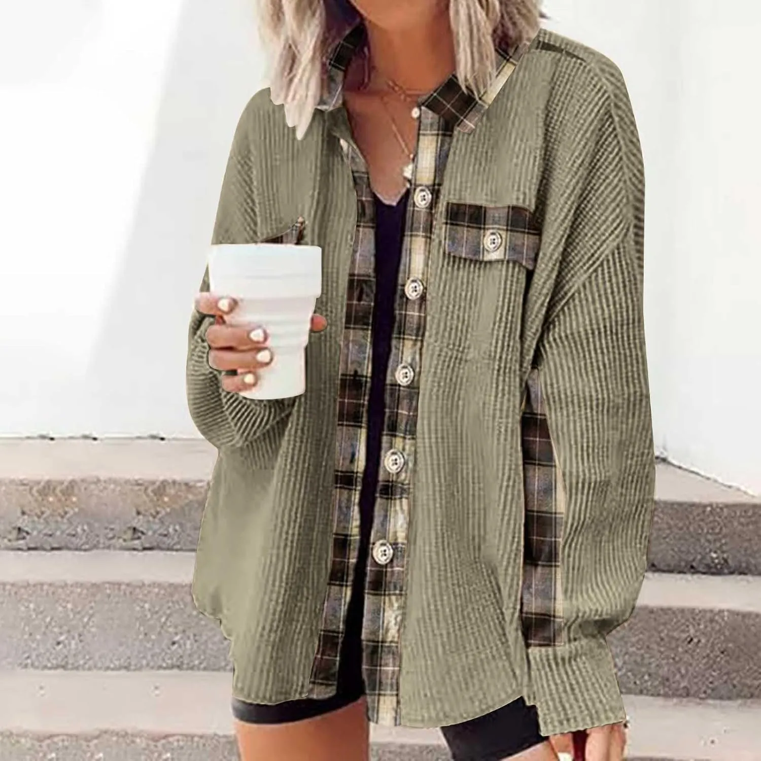 Womens Waffle Knit Shacket Boyfriend Button Down Shirt Jacket Loose Long Sleeve Tops Fall Fashion y2k Clothes