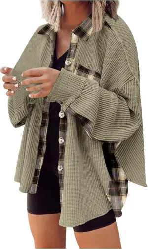 Womens Waffle Knit Shacket Boyfriend Button Down Shirt Jacket Loose Long Sleeve Tops Fall Fashion y2k Clothes