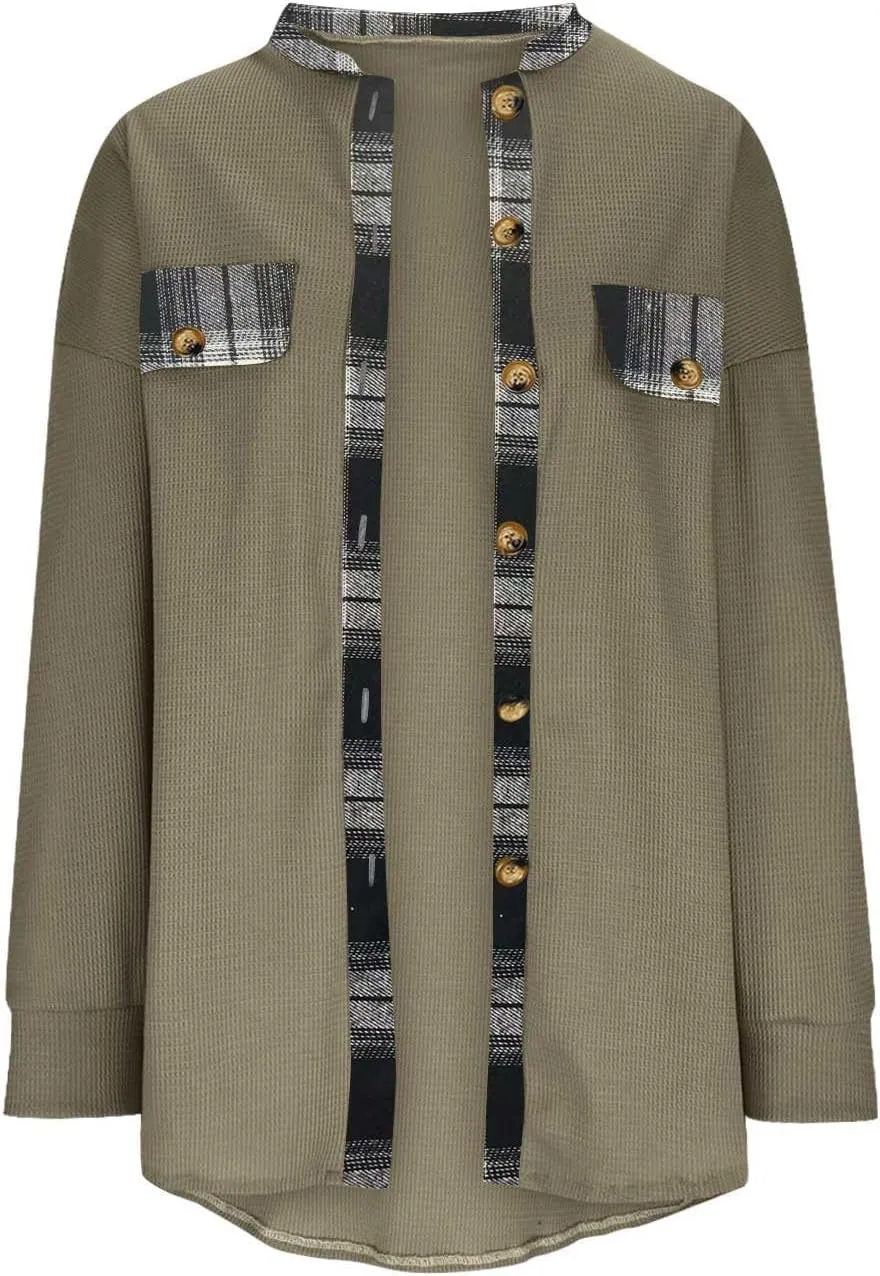 Womens Waffle Knit Shacket Boyfriend Button Down Shirt Jacket Loose Long Sleeve Tops Fall Fashion y2k Clothes