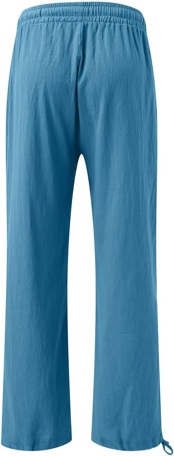 Womens Wide Leg Linen Pants Summer High Waist Cotton Palazzo Trousers Lounge Flowy Boho Slacks Beach Travel Outfits