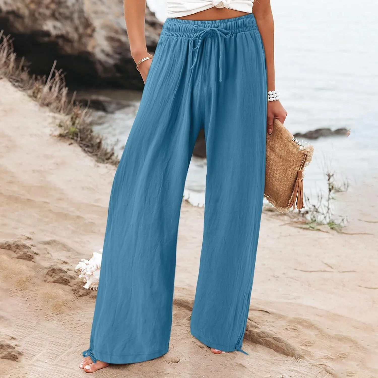 Womens Wide Leg Linen Pants Summer High Waist Cotton Palazzo Trousers Lounge Flowy Boho Slacks Beach Travel Outfits