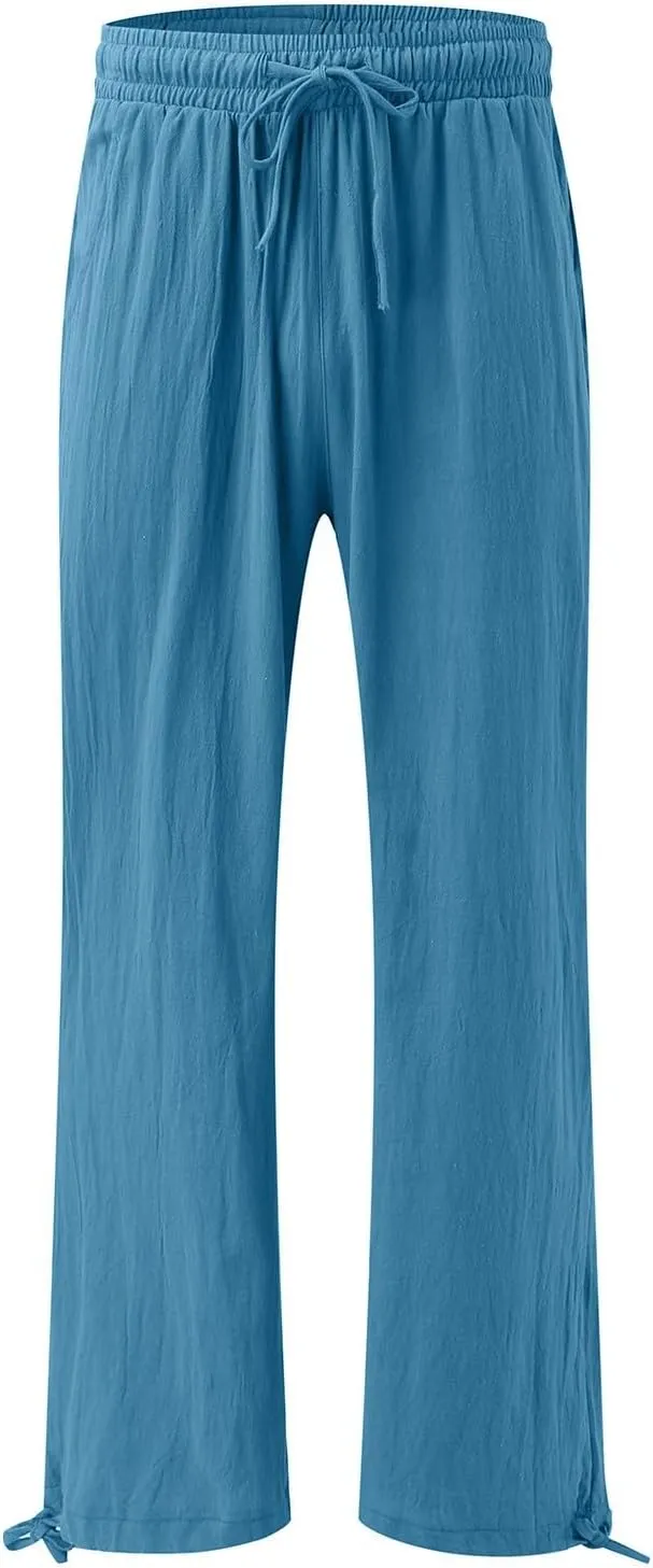 Womens Wide Leg Linen Pants Summer High Waist Cotton Palazzo Trousers Lounge Flowy Boho Slacks Beach Travel Outfits