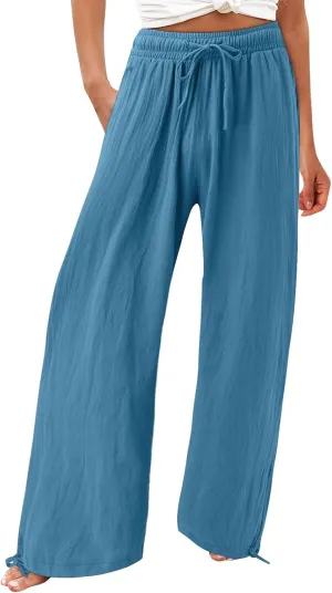 Womens Wide Leg Linen Pants Summer High Waist Cotton Palazzo Trousers Lounge Flowy Boho Slacks Beach Travel Outfits