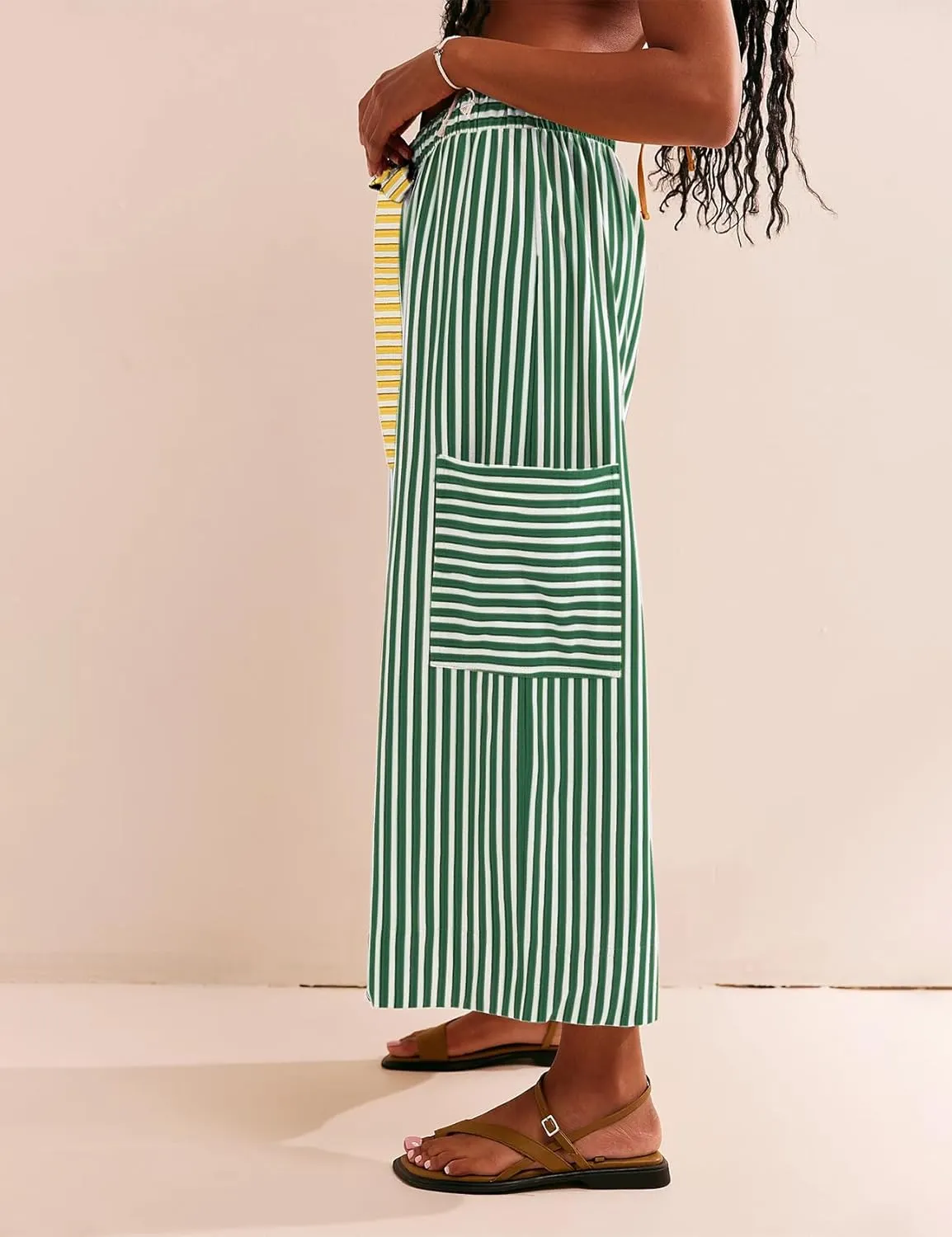 Women's Wide Leg Lounge Pants Striped Mid Waisted Drawstring Beach Pants Capri Pants Trousers with Pockets