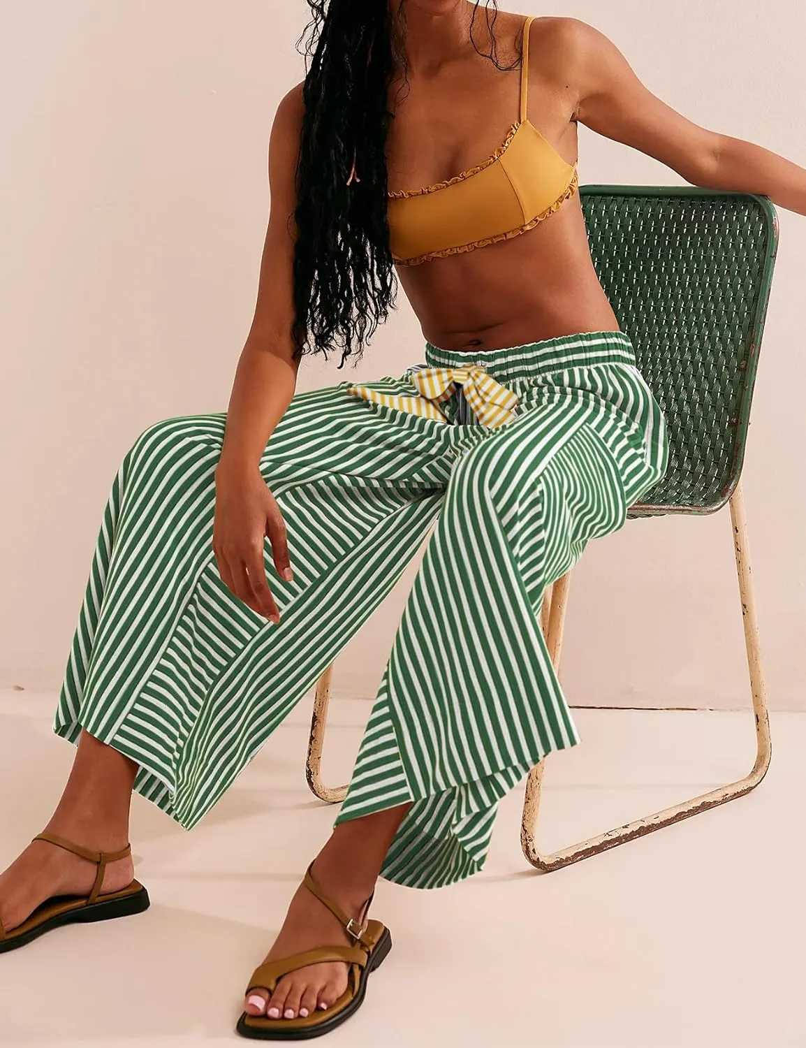 Women's Wide Leg Lounge Pants Striped Mid Waisted Drawstring Beach Pants Capri Pants Trousers with Pockets