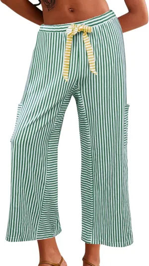 Women's Wide Leg Lounge Pants Striped Mid Waisted Drawstring Beach Pants Capri Pants Trousers with Pockets
