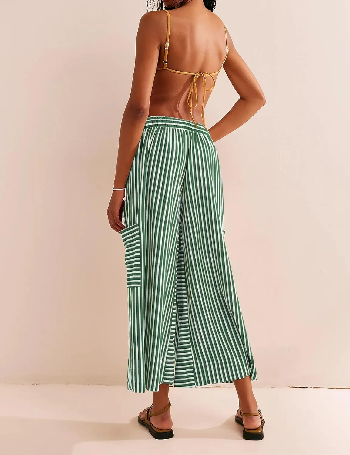 Women's Wide Leg Lounge Pants Striped Mid Waisted Drawstring Beach Pants Capri Pants Trousers with Pockets