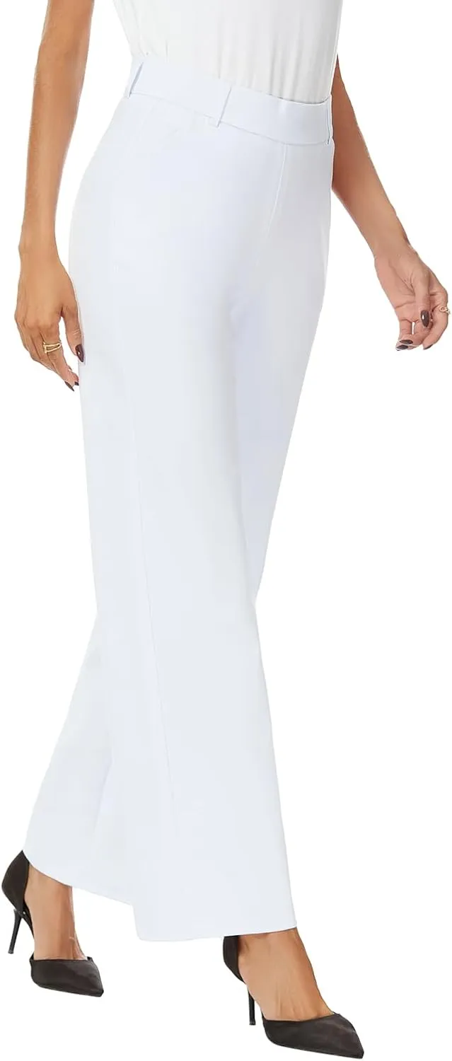 Womens Wide Straight Leg Pull-On Trousers Casual Slacks Dress Pants with Pockets