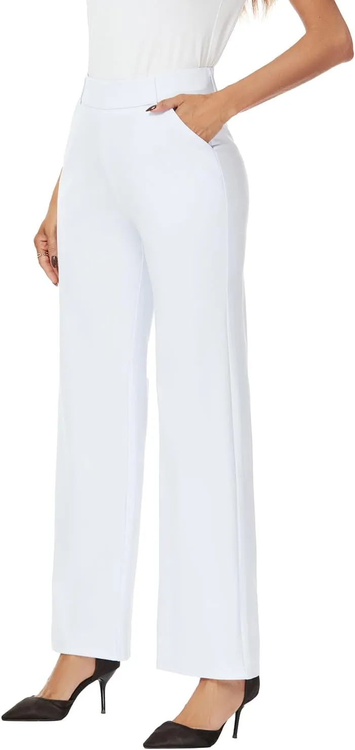 Womens Wide Straight Leg Pull-On Trousers Casual Slacks Dress Pants with Pockets