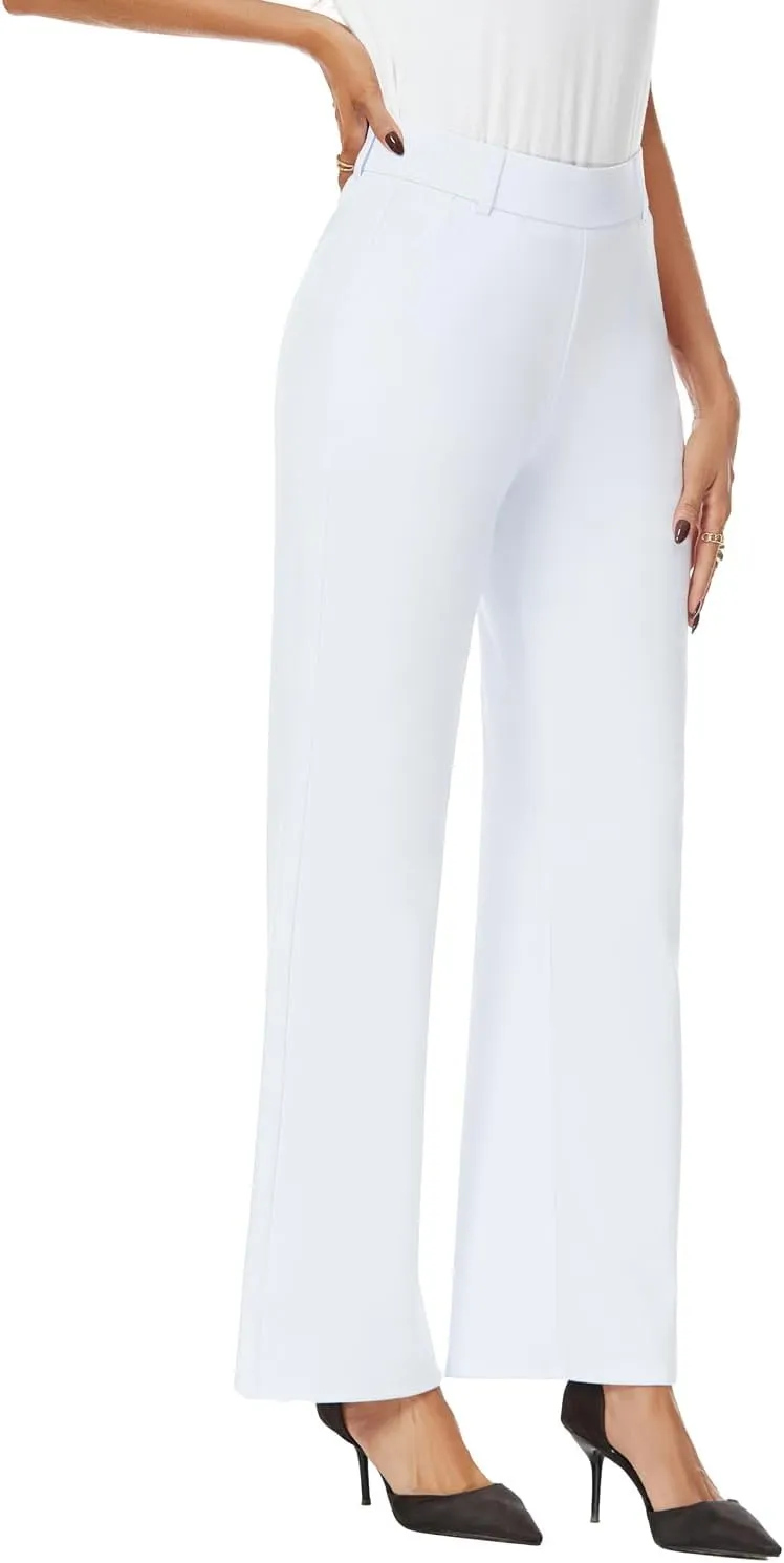 Womens Wide Straight Leg Pull-On Trousers Casual Slacks Dress Pants with Pockets