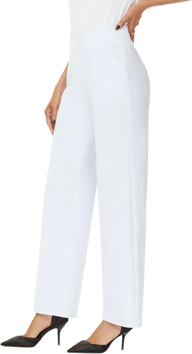 Womens Wide Straight Leg Pull-On Trousers Casual Slacks Dress Pants with Pockets