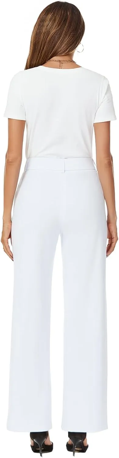 Womens Wide Straight Leg Pull-On Trousers Casual Slacks Dress Pants with Pockets
