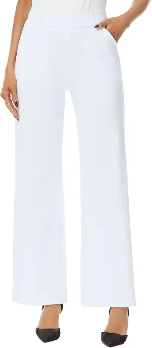 Womens Wide Straight Leg Pull-On Trousers Casual Slacks Dress Pants with Pockets