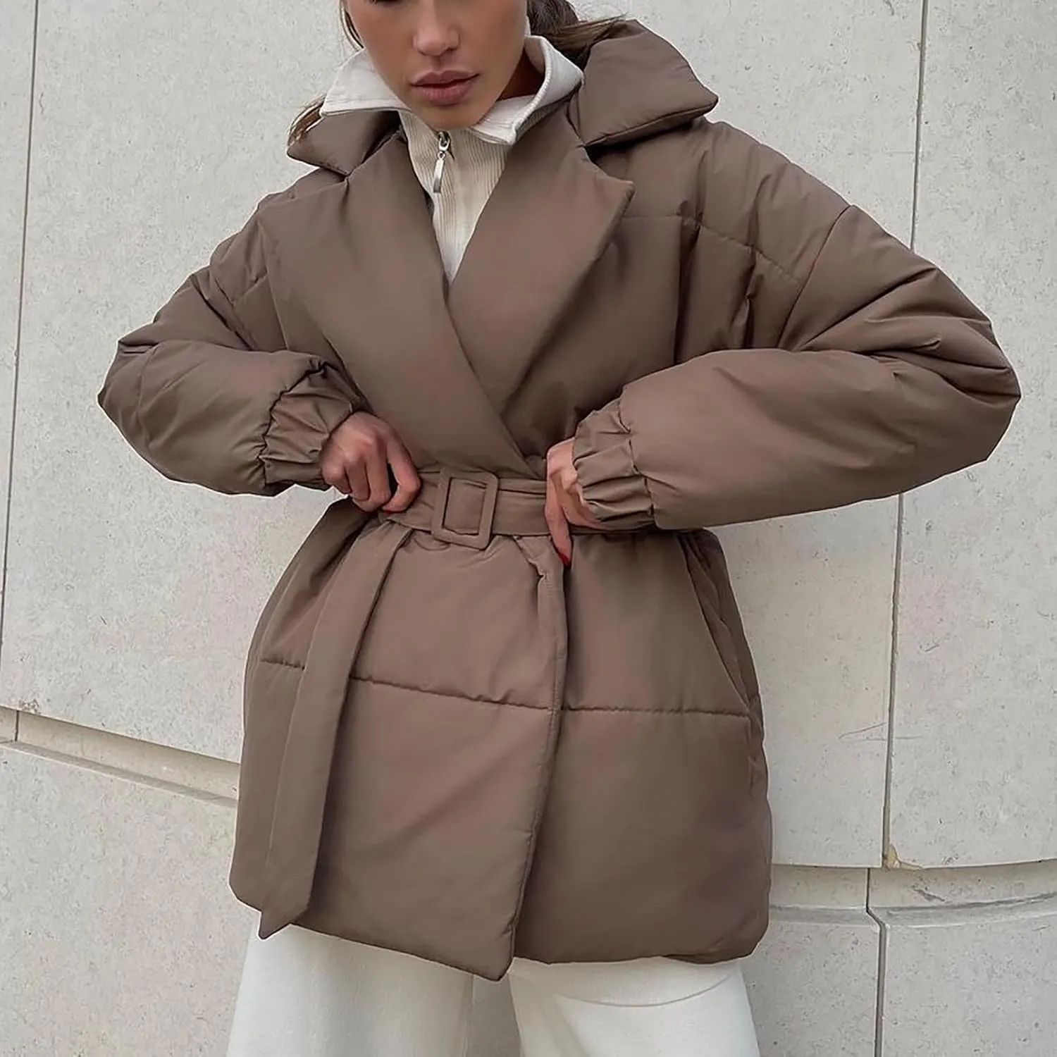 Women's Winter Lapel Collar Belted Mid Long Puffer Jacket Quilted Down Coat Long Sleeve Open Front Jackets Outerwear