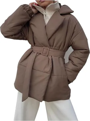 Women's Winter Lapel Collar Belted Mid Long Puffer Jacket Quilted Down Coat Long Sleeve Open Front Jackets Outerwear