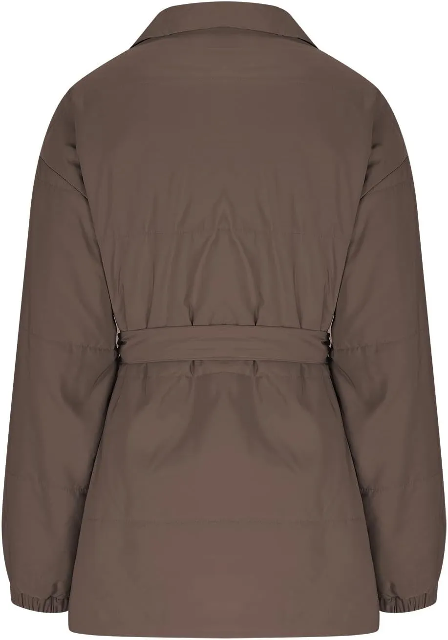 Women's Winter Lapel Collar Belted Mid Long Puffer Jacket Quilted Down Coat Long Sleeve Open Front Jackets Outerwear
