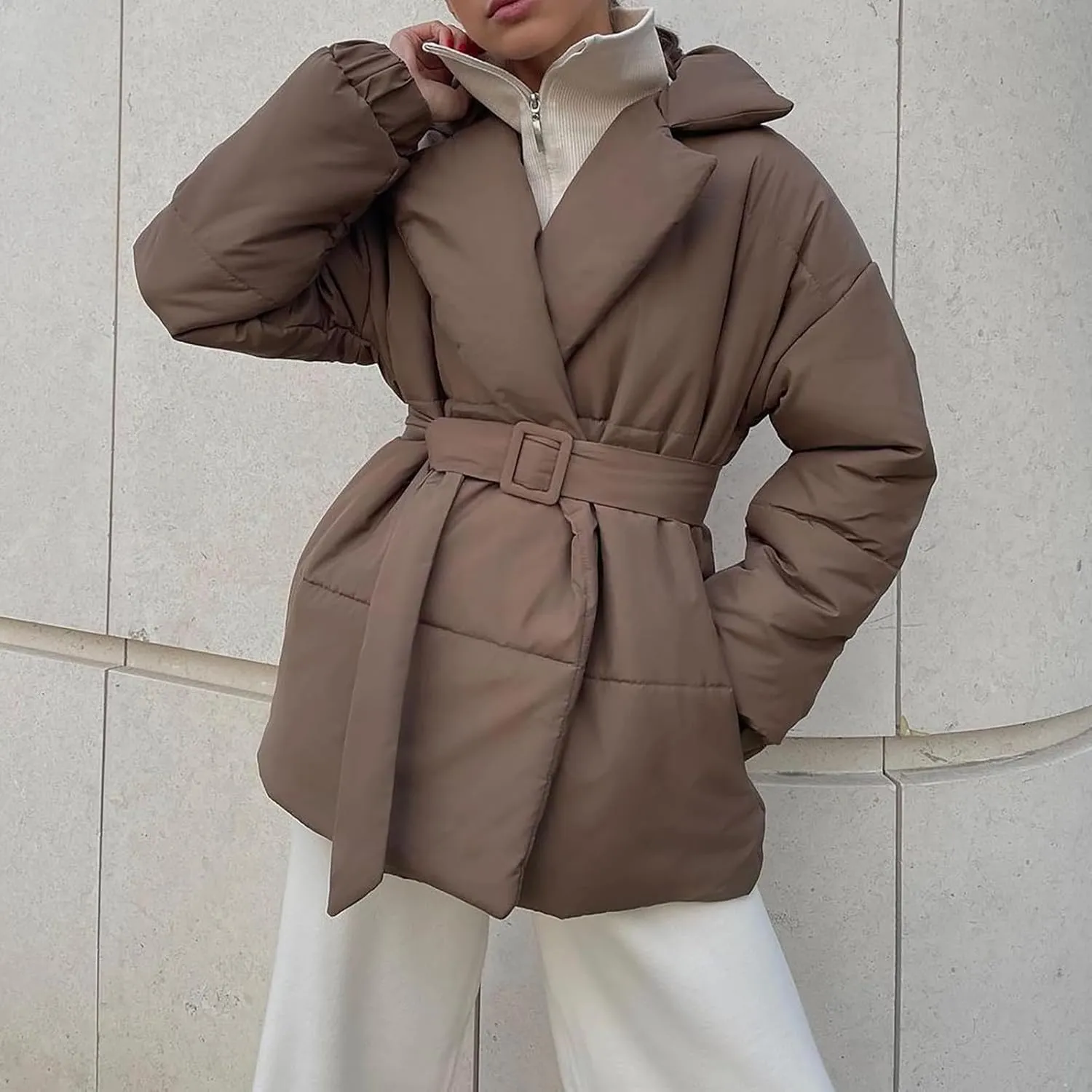 Women's Winter Lapel Collar Belted Mid Long Puffer Jacket Quilted Down Coat Long Sleeve Open Front Jackets Outerwear