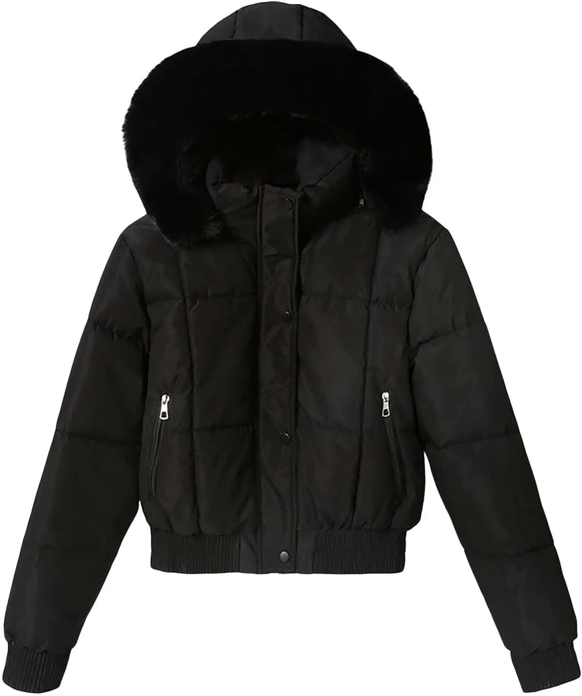 Women's Winter Puffer Jacket Faux Fur Hood Quilted Zip Long Sleeve Jacket Lightweight Thermal Down Jacket with Pocket
