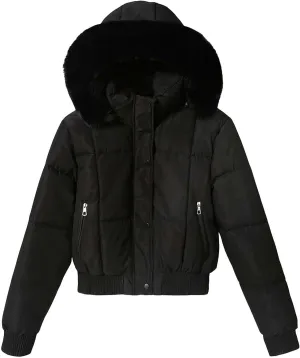 Women's Winter Puffer Jacket Faux Fur Hood Quilted Zip Long Sleeve Jacket Lightweight Thermal Down Jacket with Pocket