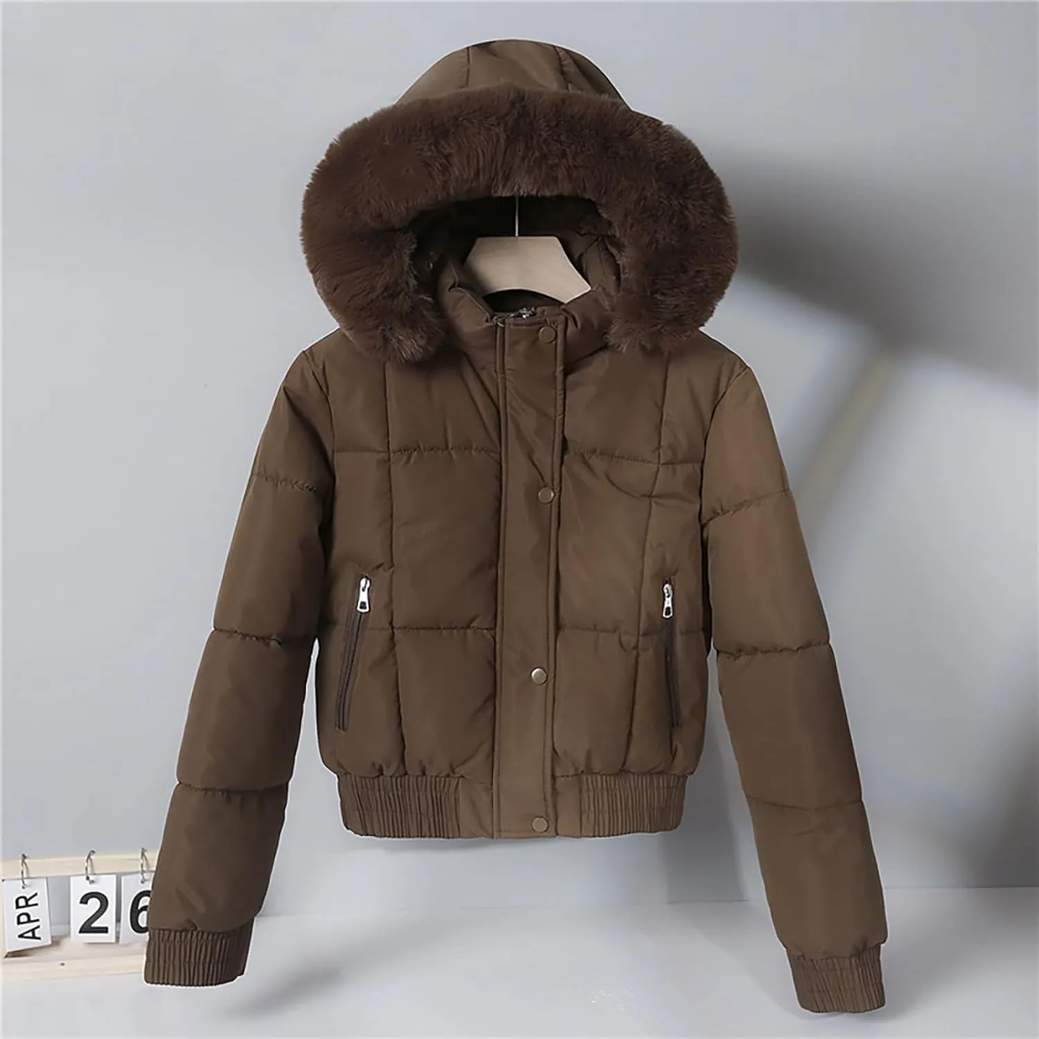 Women's Winter Puffer Jacket Faux Fur Hood Quilted Zip Long Sleeve Jacket Lightweight Thermal Down Jacket with Pocket