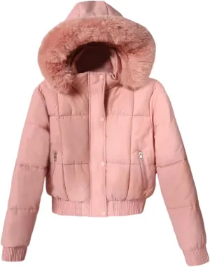 Women's Winter Puffer Jacket Faux Fur Hood Quilted Zip Long Sleeve Jacket Lightweight Thermal Down Jacket with Pocket