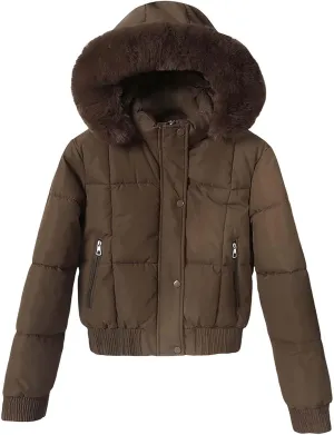 Women's Winter Puffer Jacket Faux Fur Hood Quilted Zip Long Sleeve Jacket Lightweight Thermal Down Jacket with Pocket