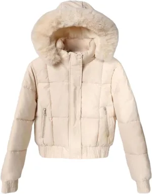 Women's Winter Puffer Jacket Faux Fur Hood Quilted Zip Long Sleeve Jacket Lightweight Thermal Down Jacket with Pocket