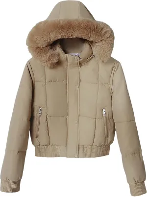 Women's Winter Puffer Jacket Faux Fur Hood Quilted Zip Long Sleeve Jacket Lightweight Thermal Down Jacket with Pocket