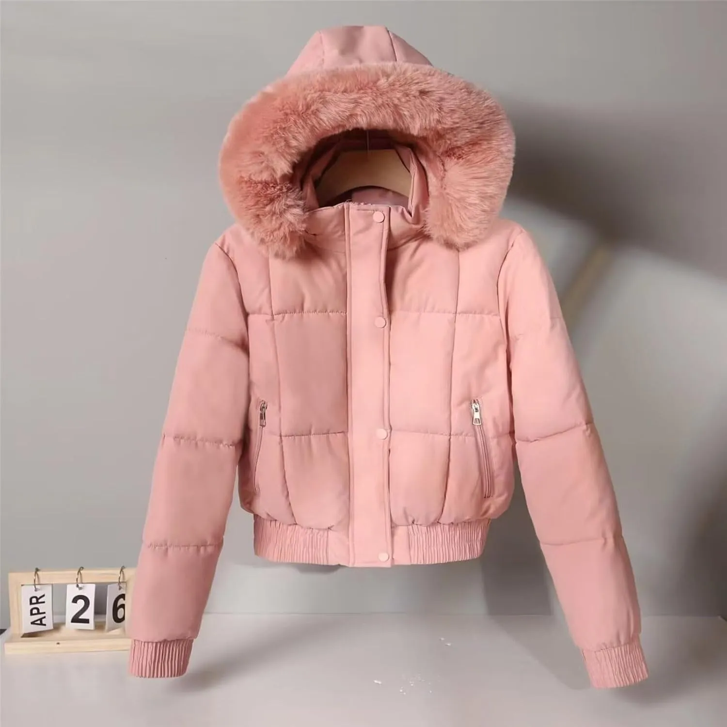 Women's Winter Puffer Jacket Faux Fur Hood Quilted Zip Long Sleeve Jacket Lightweight Thermal Down Jacket with Pocket