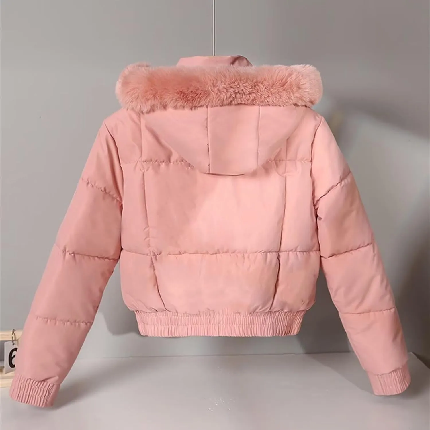 Women's Winter Puffer Jacket Faux Fur Hood Quilted Zip Long Sleeve Jacket Lightweight Thermal Down Jacket with Pocket