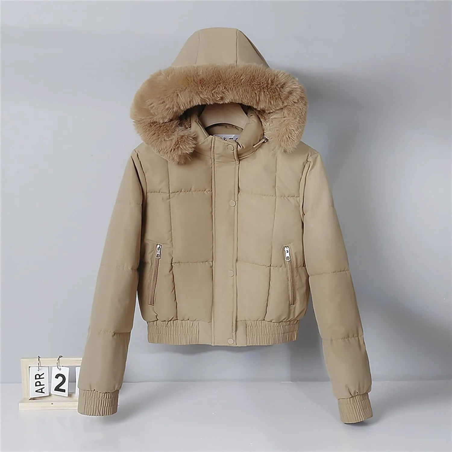 Women's Winter Puffer Jacket Faux Fur Hood Quilted Zip Long Sleeve Jacket Lightweight Thermal Down Jacket with Pocket