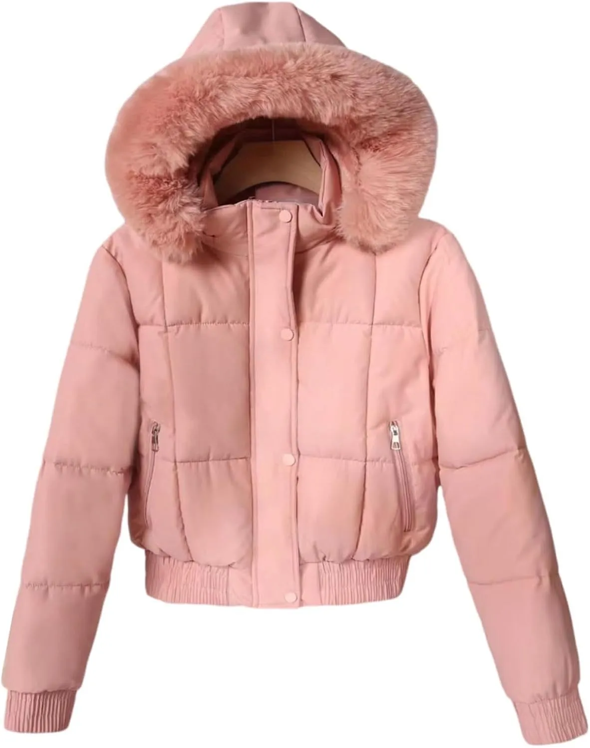 Women's Winter Puffer Jacket Faux Fur Hood Quilted Zip Long Sleeve Jacket Lightweight Thermal Down Jacket with Pocket