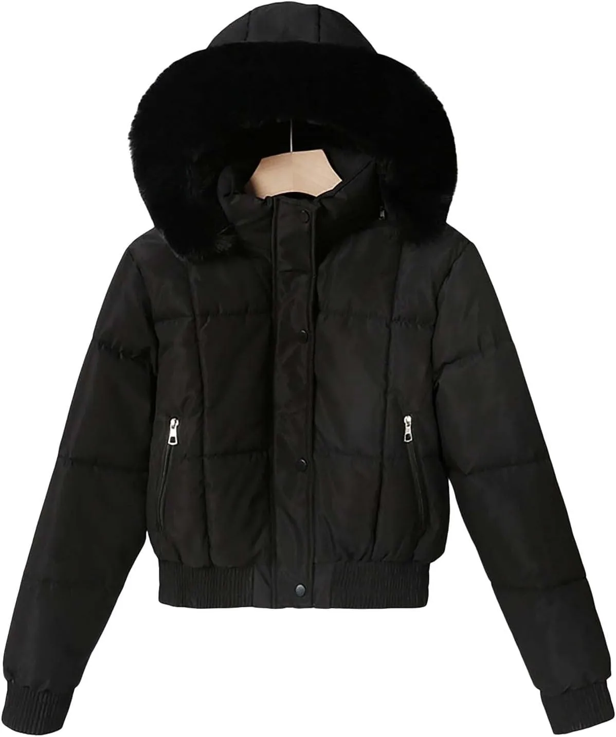 Women's Winter Puffer Jacket Faux Fur Hood Quilted Zip Long Sleeve Jacket Lightweight Thermal Down Jacket with Pocket