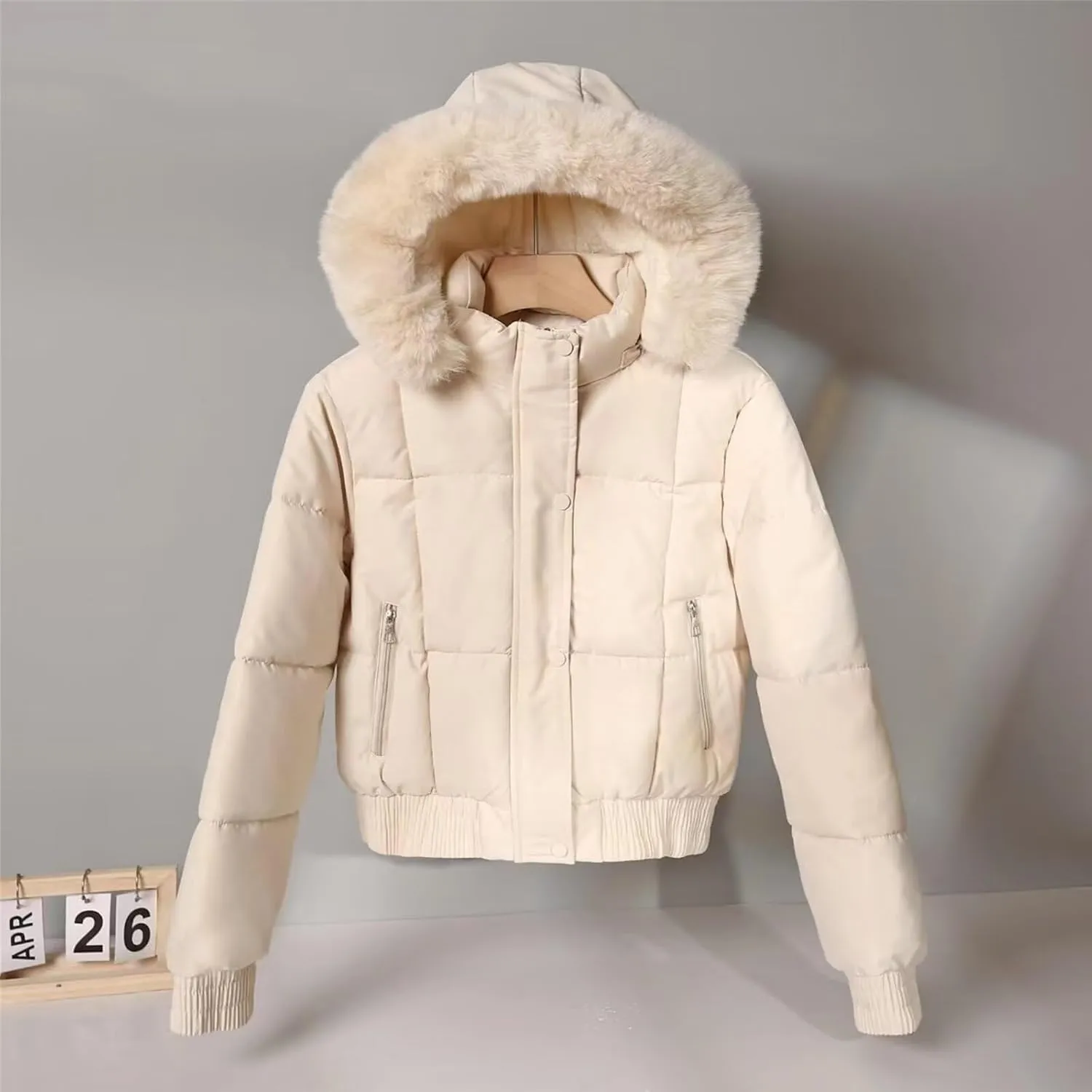 Women's Winter Puffer Jacket Faux Fur Hood Quilted Zip Long Sleeve Jacket Lightweight Thermal Down Jacket with Pocket