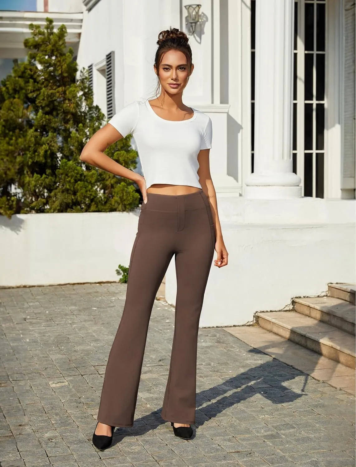 Women's Work Pants Business Casual Pants High Waisted Yoga Flare Leggings with Pockets Dress Slacks Tummy Control
