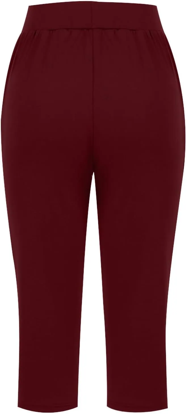 Womens Yoga Capri Pants Elastic Waisted Pants High Waisted Stretch Pants Casual Lounge Pants Summer Lightweight Pants