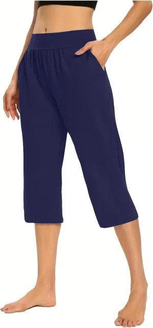 Womens Yoga Capri Pants Elastic Waisted Pants High Waisted Stretch Pants Casual Lounge Pants Summer Lightweight Pants