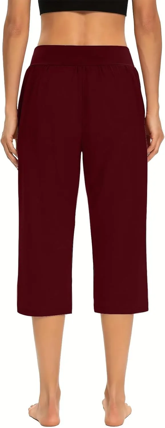 Womens Yoga Capri Pants Elastic Waisted Pants High Waisted Stretch Pants Casual Lounge Pants Summer Lightweight Pants