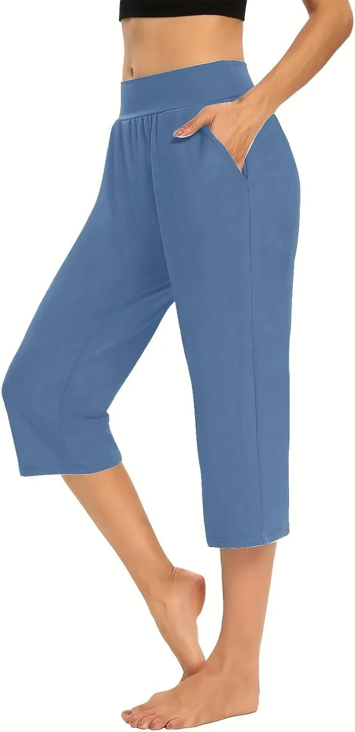Womens Yoga Capri Pants Elastic Waisted Pants High Waisted Stretch Pants Casual Lounge Pants Summer Lightweight Pants