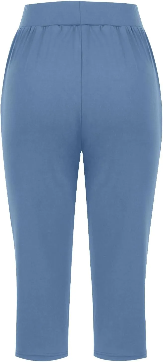 Womens Yoga Capri Pants Elastic Waisted Pants High Waisted Stretch Pants Casual Lounge Pants Summer Lightweight Pants