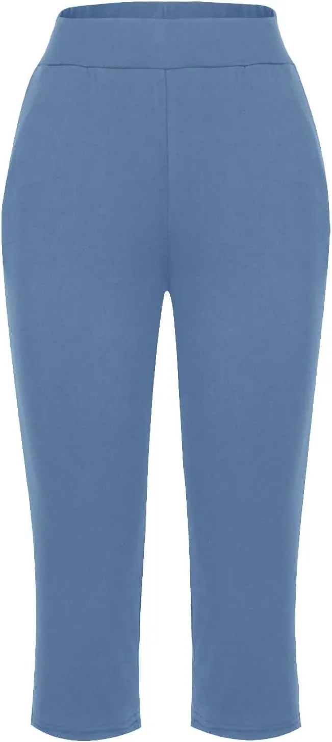 Womens Yoga Capri Pants Elastic Waisted Pants High Waisted Stretch Pants Casual Lounge Pants Summer Lightweight Pants