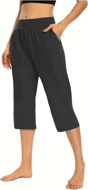 Womens Yoga Capri Pants Elastic Waisted Pants High Waisted Stretch Pants Casual Lounge Pants Summer Lightweight Pants