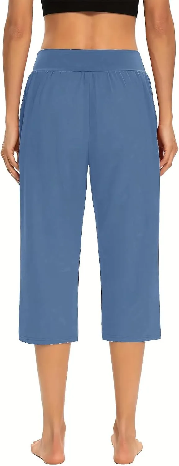 Womens Yoga Capri Pants Elastic Waisted Pants High Waisted Stretch Pants Casual Lounge Pants Summer Lightweight Pants