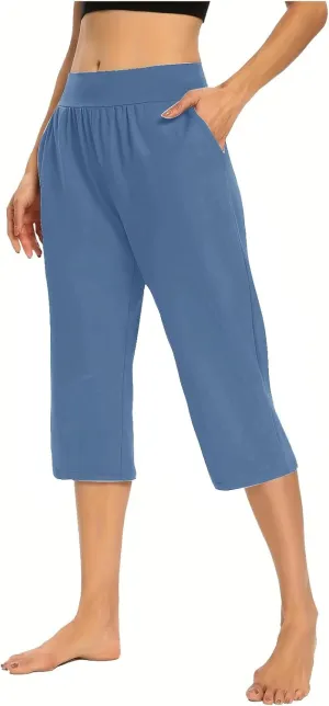 Womens Yoga Capri Pants Elastic Waisted Pants High Waisted Stretch Pants Casual Lounge Pants Summer Lightweight Pants